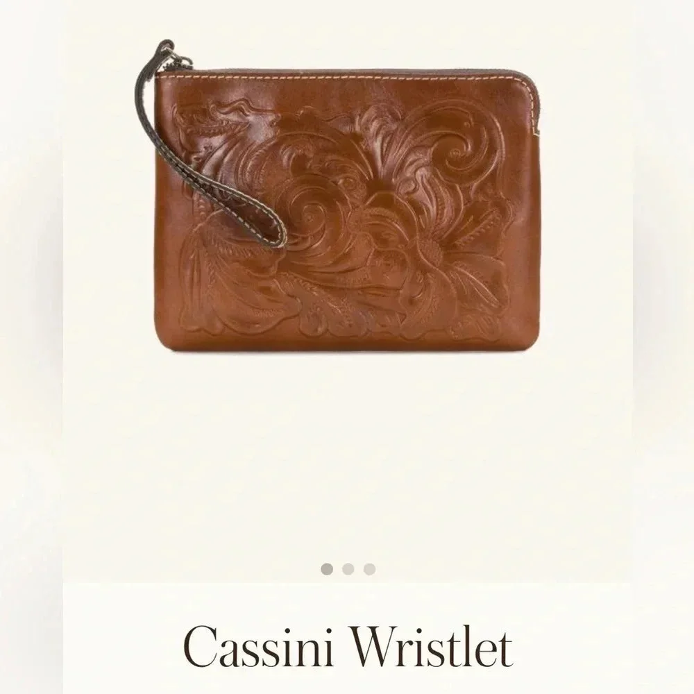 Patricia Nash Cassini Wristlet with tooled floral pattern in Florence Brown